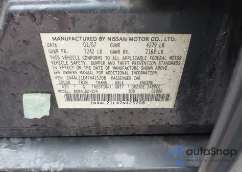 2007 Nissan Altima 2.5 S z USA, uszkodzony, nr VIN 1N4AL21E47N425208